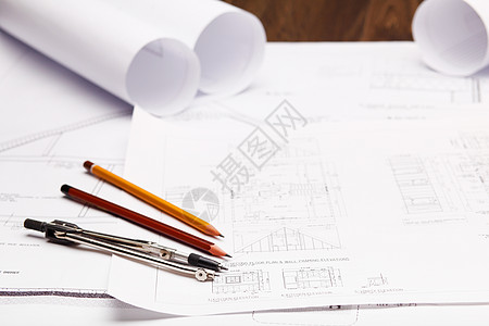 附有草图的工具和文件草稿蓝图绘画文档项目建筑师打印设计房子工程师图片
