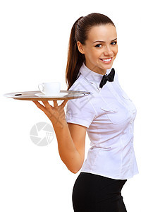 年轻女服务员 带空托盘工人饮料围裙食物咖啡店午餐酒店女士女孩男人图片