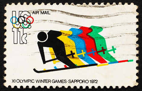 1972年美国邮戳 滑雪和奥林匹克环图片