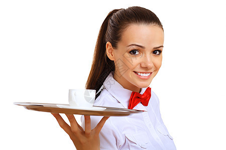 年轻女服务员 带空托盘工作女孩商业女士围裙饮料微笑玻璃工人派对图片