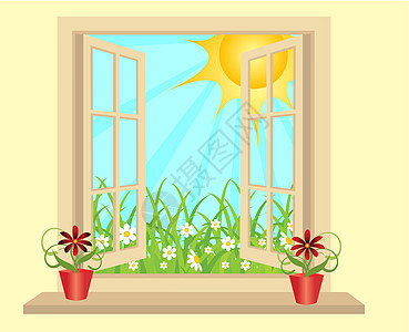 开放的塑料窗口在室内 以打开绿色字段 矢量 有文字空间阳光风格房子植物蓝色太阳场地窗户甘菊插图图片