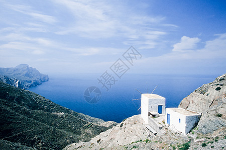 希腊Karpatos岛传统风车希腊贫困爬坡磨坊全景谷物假期粮食岩石阳光温暖图片