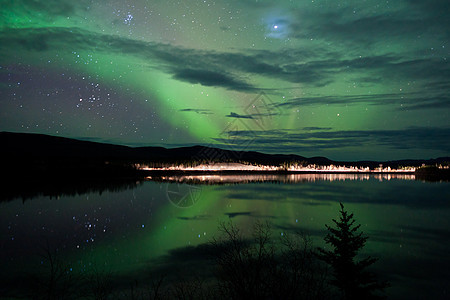 湖边黑暗路面的星光和北极光粒子极光磁场地区反射夜星白马磁层星星镜子图片