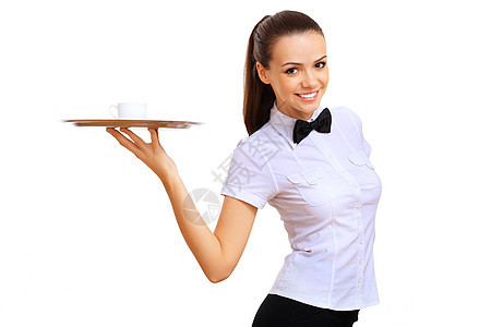 年轻女服务员 带空托盘商业咖啡店盘子食物男人酒店酒精餐饮工作围裙图片
