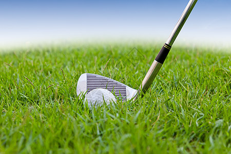在高草上打高尔夫球和铁运动物品草地蓝色绿色空白竞赛曲线爱好圆圈图片