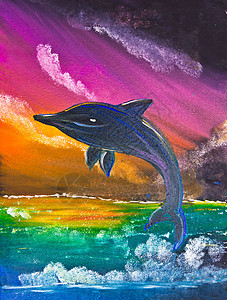 海豚在海洋海报颜色上跳跃图片
