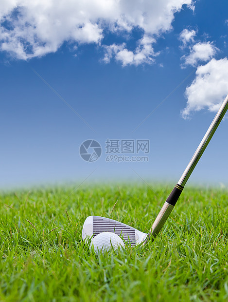 在高草上打高尔夫球和铁俱乐部圆圈曲线物品圆形草地空白爱好蓝色游戏图片