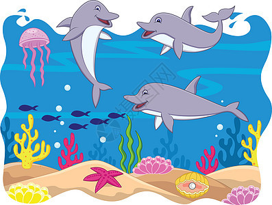 有趣的海豚漫画哺乳动物鲸鱼捕食者海星蓝色海浪俘虏珊瑚动物荒野图片