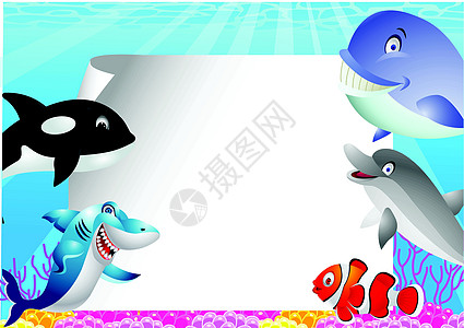 带空白标志的海洋生命漫画牙齿小丑标语野生动物鲨鱼插图水族馆气泡吉祥物海藻图片