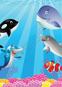 海洋生命漫画动物热带插图野生动物艺术小丑海藻卡通片海浪蓝色图片
