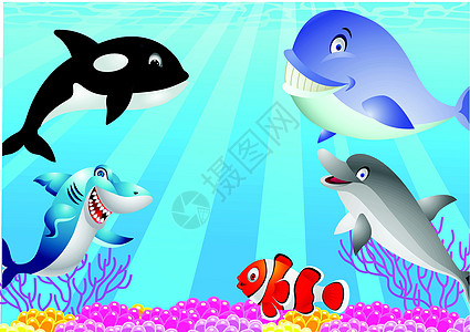 海洋生命漫画吉祥物潜水牙齿动物欢呼鲨鱼水族馆小丑气泡乐趣图片