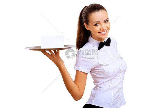 年轻女服务员 带空托盘桌子玻璃工人咖啡店微笑用餐食物酒店快乐午餐图片