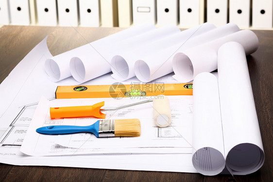 附有草图的工具和文件建筑房子工程师测量文档办公室建筑学打印工作草稿图片