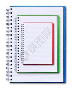 白色背景上孤立的一组颜色笔记本软垫学生考试笔记文档木头文凭大学家庭作业戒指图片
