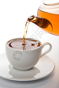 向孤立的白杯中倒茶早餐茶壶咖啡店餐厅气泡水滴芳香杯子补品健康图片
