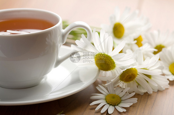 白杯草药茶和甘菊花叶子木头饮料陶瓷草本植物奢华花瓣飞碟咖啡店杯子图片