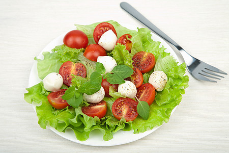 配有番茄沙拉和马扎里拉餐厅饮食叶子美食盘子午餐沙拉服务小吃食物图片
