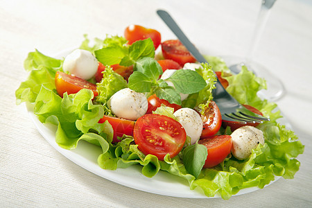 配有番茄沙拉和马扎里拉美食营养小吃餐厅服务桌子叶子饮食食物午餐图片