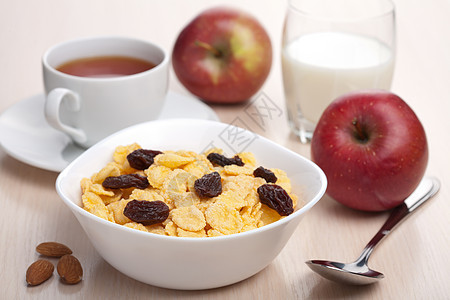 健康早餐食物小吃甜点勺子薄片玉米蔬菜谷物奶制品营养图片