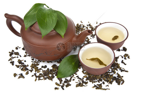 孤立的绿茶植物杯子香气文化叶子单宁饮料陶器茶壶芳香图片