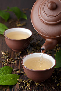绿茶芳香茶壶饮料香气美食黏土文化叶子陶器杯子图片