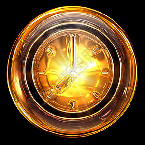 时钟图标金色 孤立在黑色背景上按钮金子黄色折射拨号圆形电脑反射棕色玻璃图片