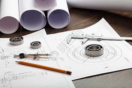 附有草图的工具和文件剪刀技术测量金属商业绘画木头设计文档草稿图片
