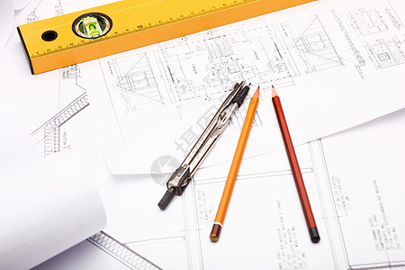 附有草图的工具和文件技术工作建筑文档绘画建筑学图表房子建筑师商业图片