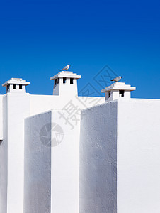 Balearic 带海鸥的地中海白房子蓝色娱乐建筑旅游游客地标烟囱财产海岸海滩图片