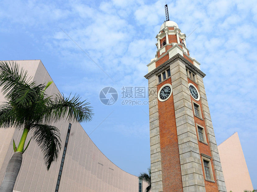 香港尖沙台钟塔建筑历史性蓝色历史旅游圆圈旅行发条城市古董图片