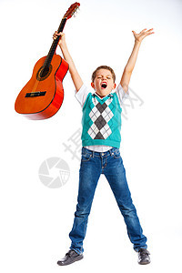 具有经典西班牙语吉他男孩音乐家旋律蓝色乐器牛仔裤吉他手音乐孩子男性艺术图片