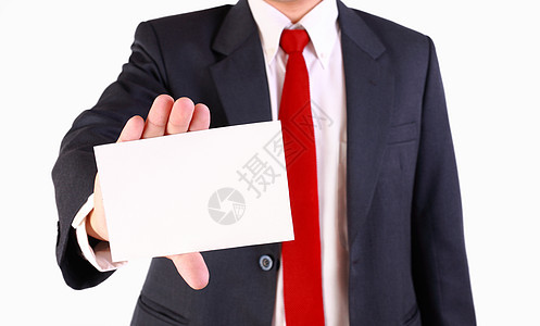 持有空白白卡的商务人士套装领带手指手势卡片手臂白色男人红色商业图片