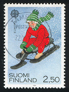 骑雪橇的男孩雪花古董运动孩子们邮戳海豹闲暇邮资邮件男性图片