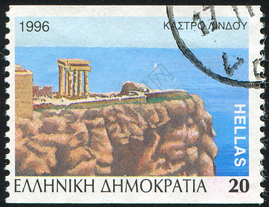 希腊沉船湾林多邮戳天际地平线建筑历史性衰变邮件悬崖砖块邮资背景
