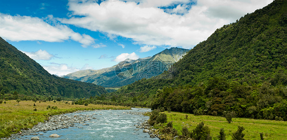 河水流经山谷森林天空顶峰峡谷风景树木蓝色草地石头地形图片