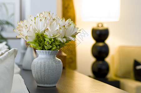 美丽的室内设计中的花花花瓶白色设计师垫子黄色座位风格绿色沙发木头棕色图片