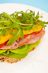 带熔奶酪的开放三明治蔬菜叶子美食杂粮蓝色盘子午餐食物餐具面包图片