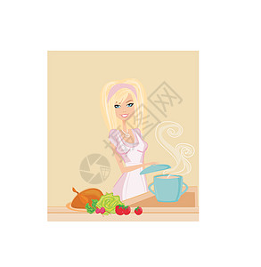 美丽的女士烹饪汤生活勺子插图沙漠衣服快乐厨师液体美食蓝绿色图片