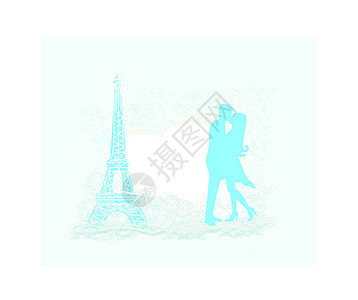 在巴黎的浪漫情侣亲吻埃菲尔铁铁回流卡城市国家拥抱文化女性旅行旅游日落场景游客图片