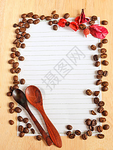 咖啡豆和勺子及纸纸在木背面纸上作笔记艺术粮食海报墙纸美食咖啡店种子备忘录框架餐厅图片
