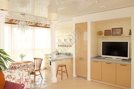 内部的地面家具电视套房公寓用餐座位桌子阳光窗帘图片
