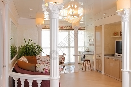 内部的建筑学大厦镜子家具白色沙发用餐窗帘派对套房图片
