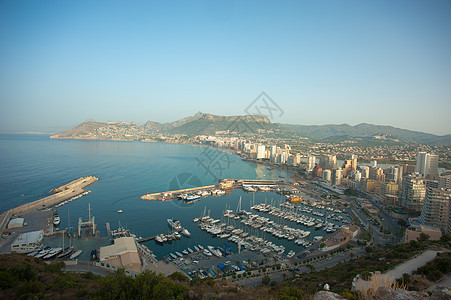 Calpe 清晨公寓天际摩天大楼水平阳光码头港口酒店风景高角度图片