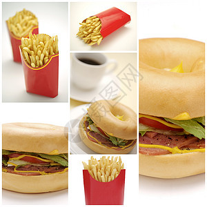 汉堡和薯片碰撞午餐静物小吃脂肪游戏芝麻糖类油炸食物拼贴画图片