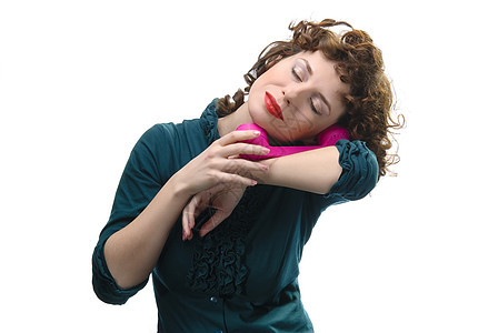 青年妇女手持听筒幸福成人乐趣白色肩膀绿色睡眠红色女性女士图片