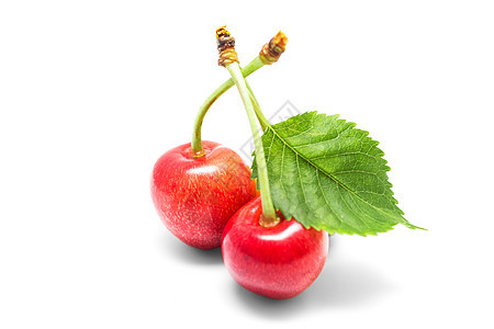 两个樱桃和叶子 孤立在白色上水果团体绿色食物甜点红色图片