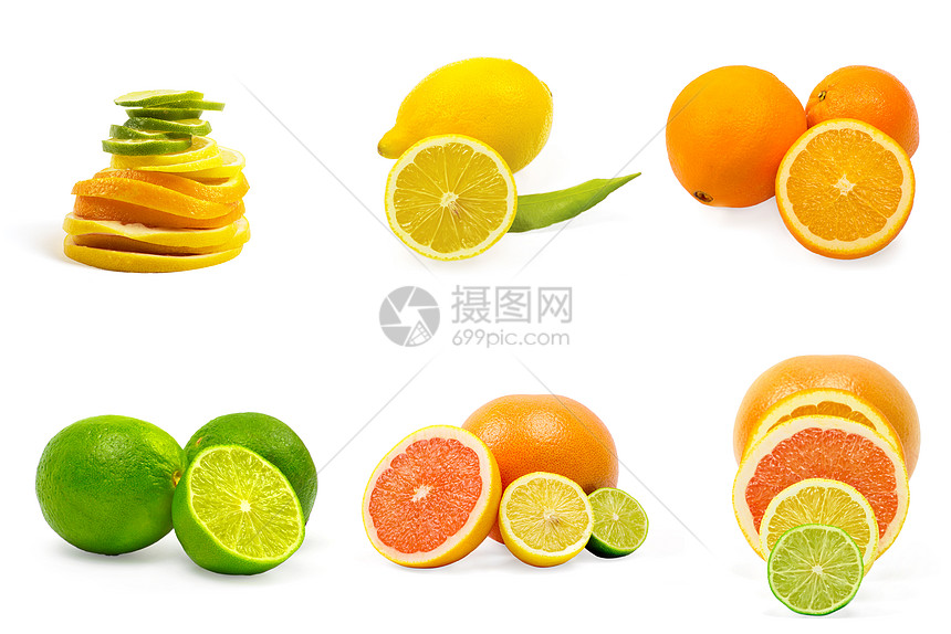 白色背景上分离的一组水果团体饮食果汁橙子葡萄柚柠檬食物营养小吃图片