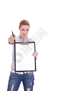 白上隔离剪贴板的年轻女性女孩工作人士记事本笔记卡片清单商业教育木板图片