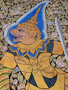 传统泰国风格绘画专注宗教文化头脑艺术历史金子场景雕像警卫图片