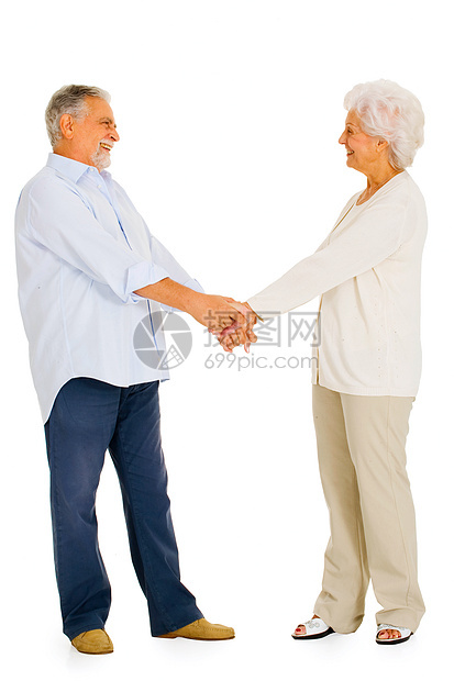 一对快乐的老夫妇的肖像成年人男人夫妻眼神老年牛仔裤女士白色休闲装胡须图片